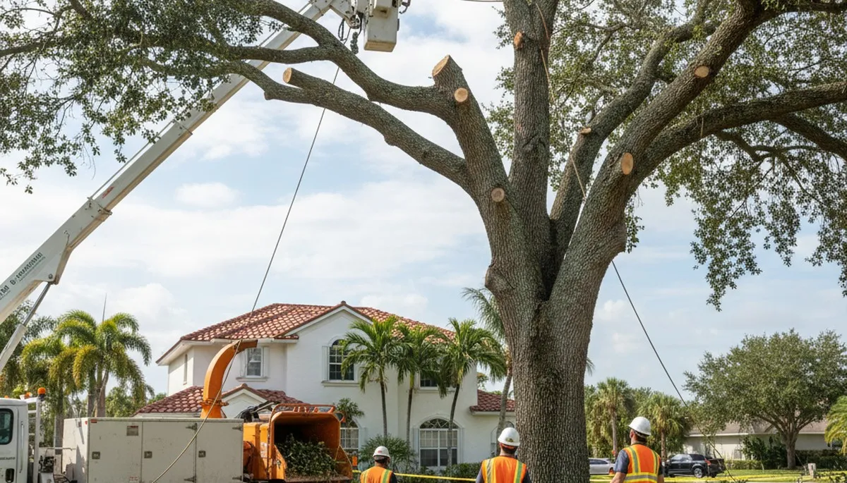 Professional crew performing safe tree removal with bucket truck at Clearwater FL residential property