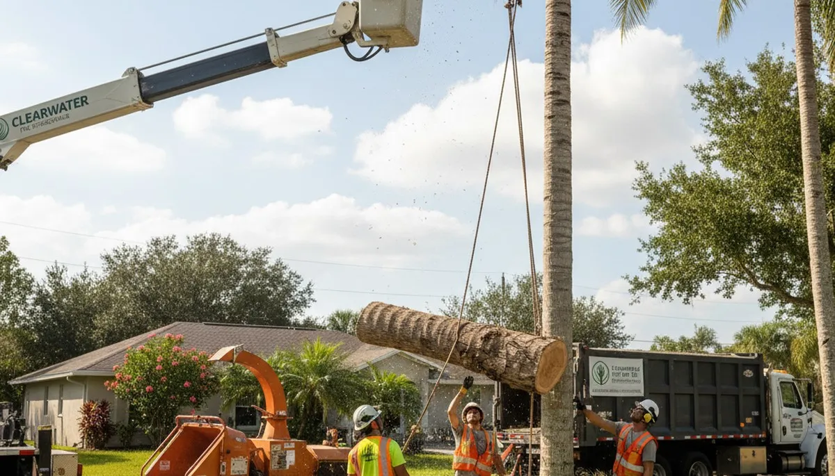 Professional arborists performing safe tree removal in Clearwater FL with specialized equipment