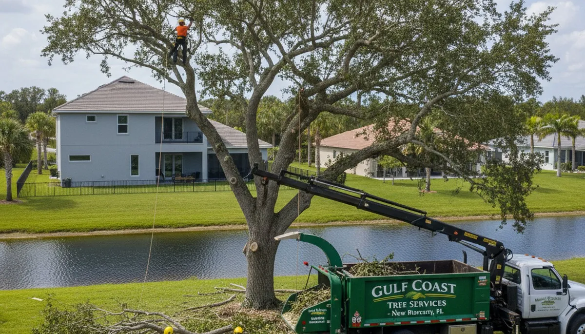 Professional tree removal crew working safely in Clearwater FL residential yard